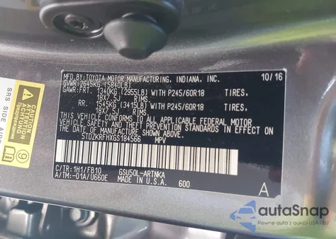 2016 Toyota Highlander Le V6 из США, поврежденный, VIN 5TDZKRFHXGS184566